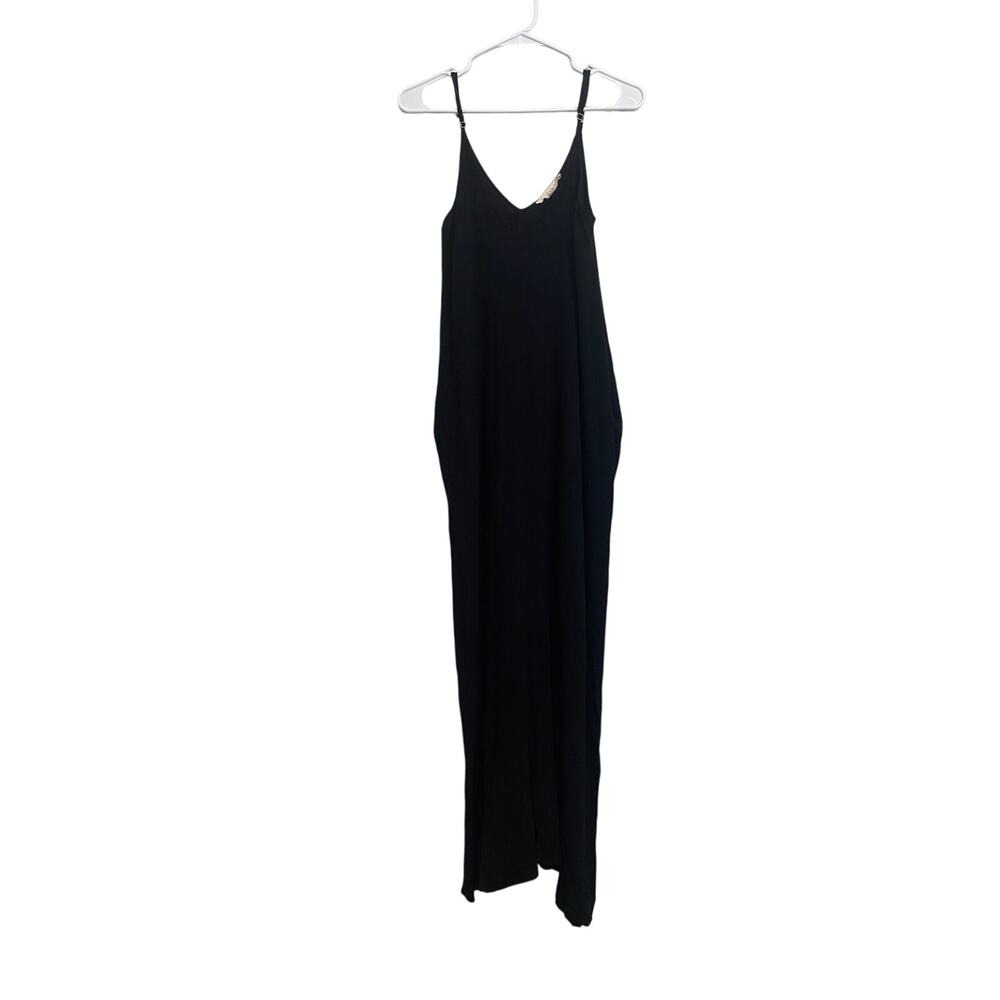 Lovestitch Women Crinkle Rayon Black Vacation Dress Pockets Maxi Size S